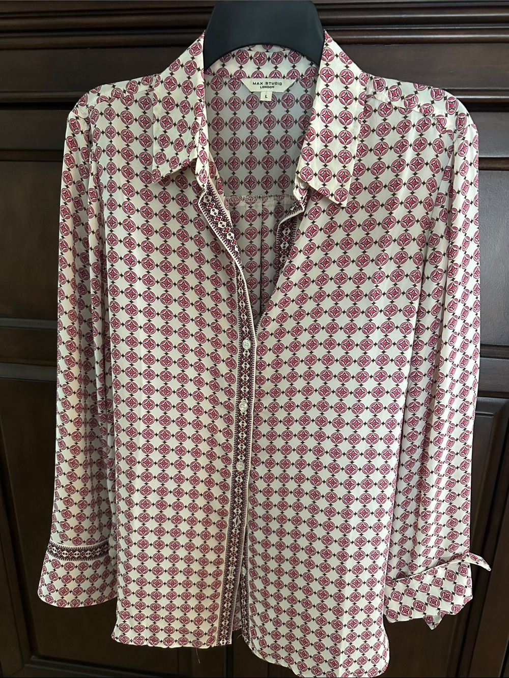Max Studio Cream Shirt with Pink Geometric Print